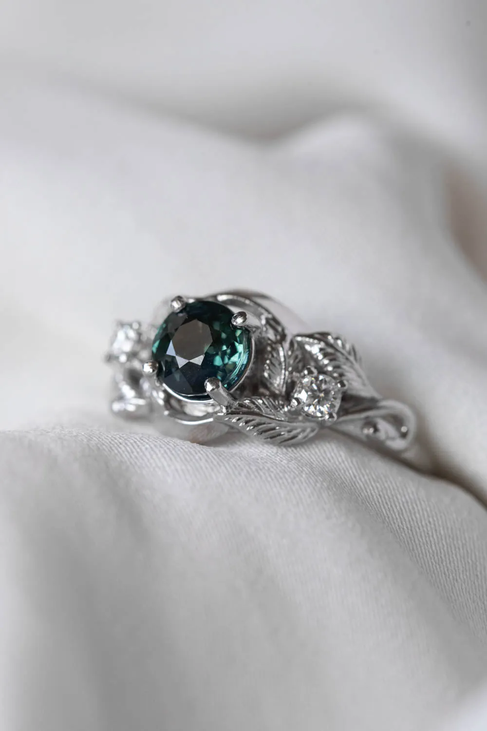 READY TO SHIP: Azalea in 14K white gold, natural round cut teal sapphire 6 mm, moissanites, RING SIZE 7 US