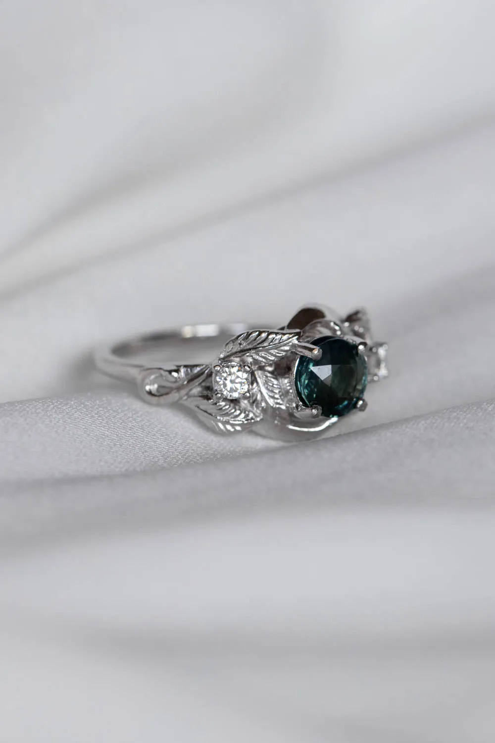 READY TO SHIP: Azalea in 14K white gold, natural round cut teal sapphire 6 mm, moissanites, RING SIZE 7 US