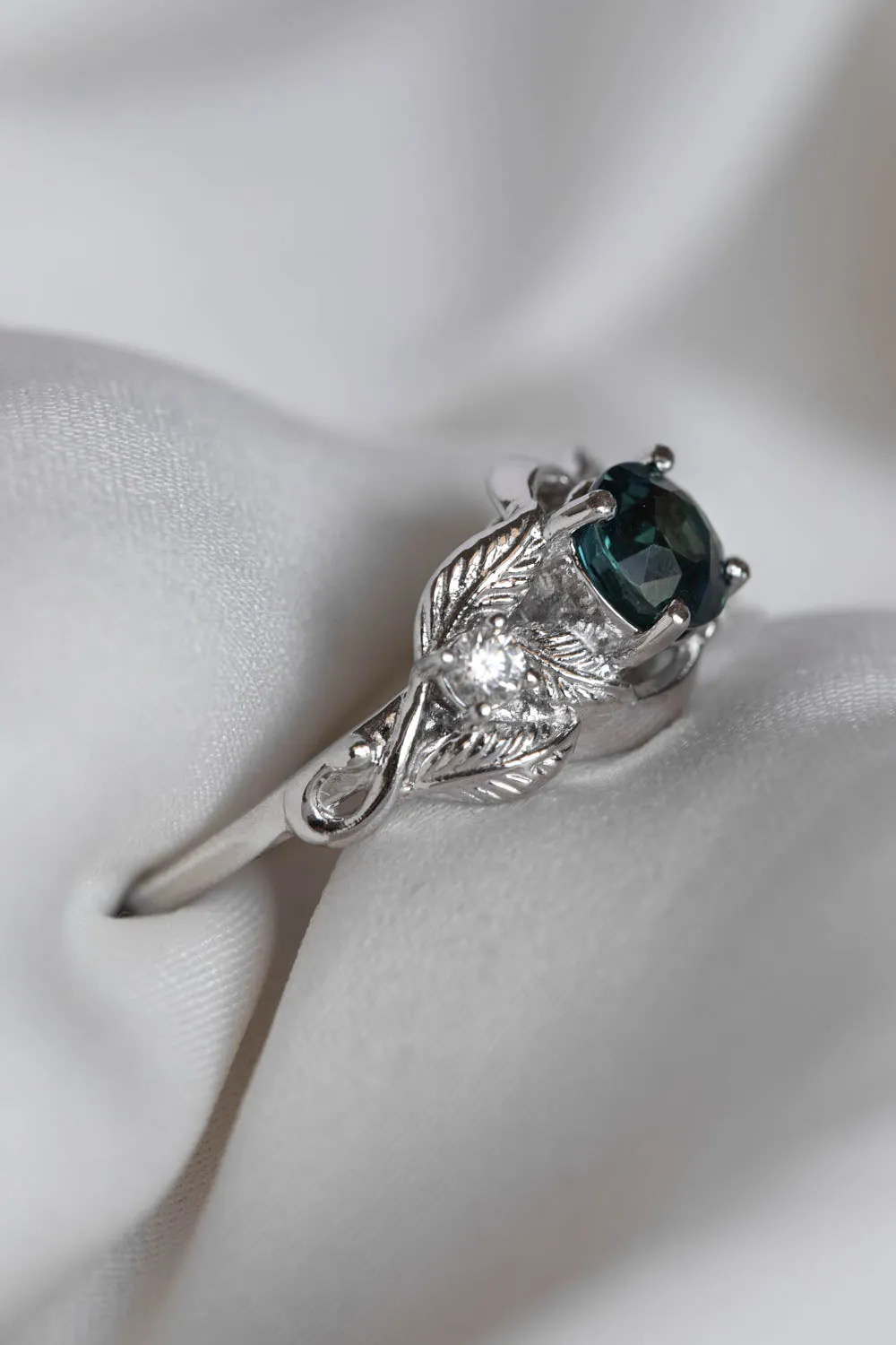 READY TO SHIP: Azalea in 14K white gold, natural round cut teal sapphire 6 mm, moissanites, RING SIZE 7 US