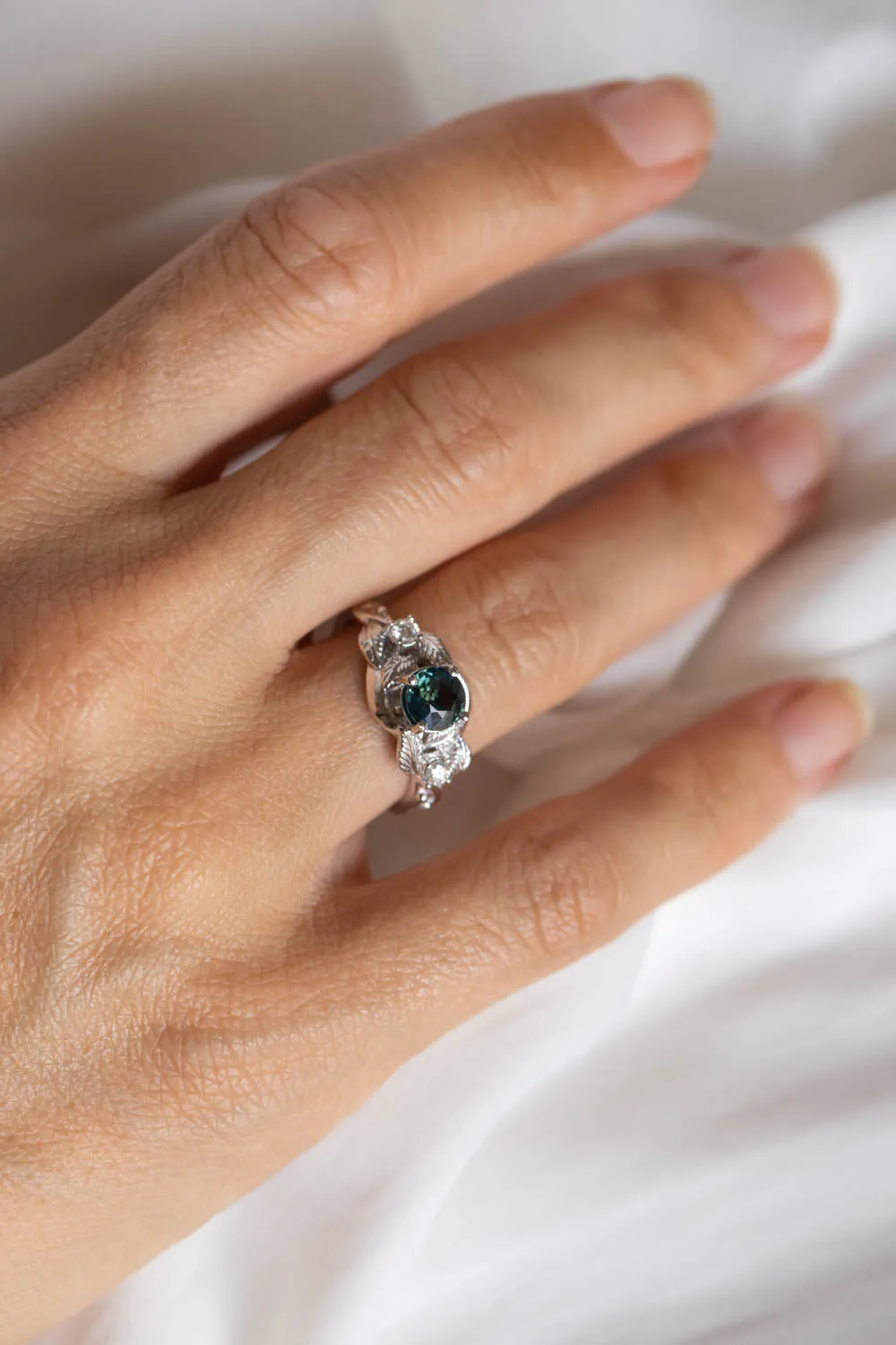 READY TO SHIP: Azalea in 14K white gold, natural round cut teal sapphire 6 mm, moissanites, RING SIZE 7 US