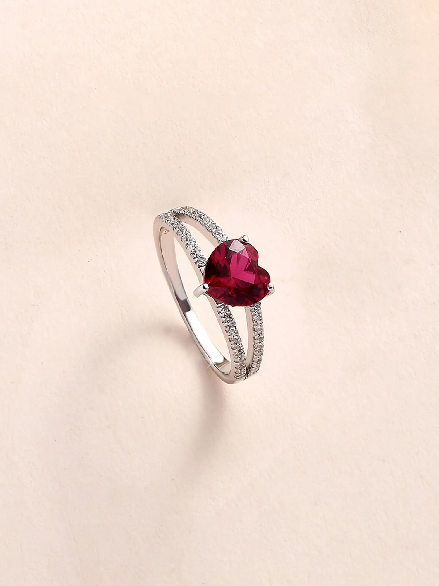 Red Ruby And American Diamond Heart Shape Ring In 925 Silver