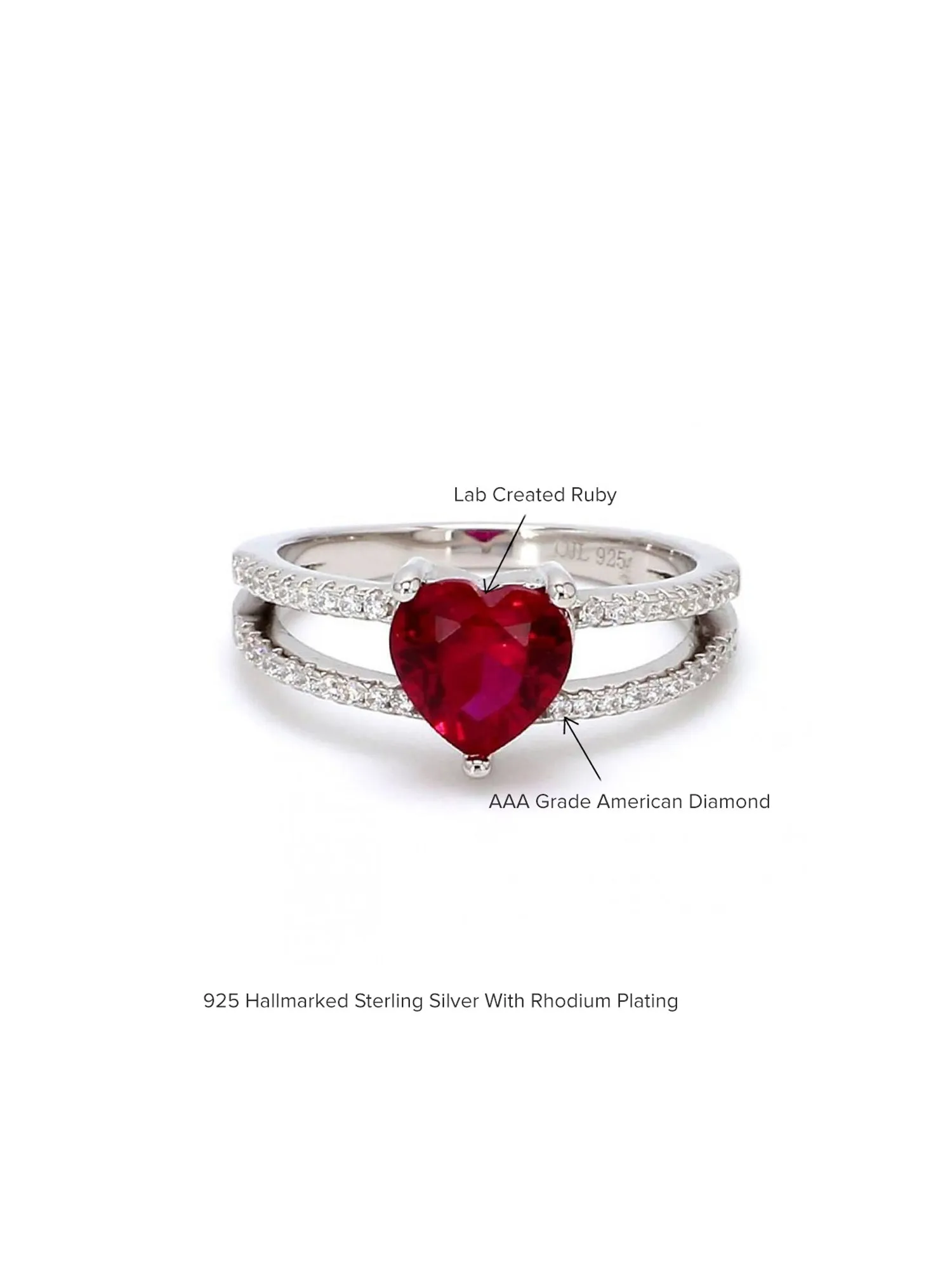 Red Ruby And American Diamond Heart Shape Ring In 925 Silver