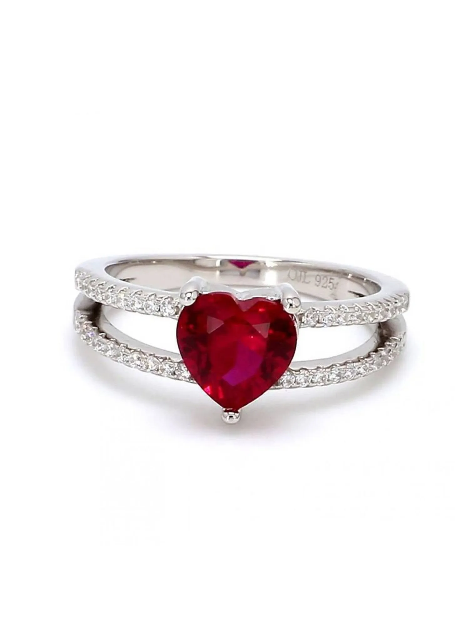 Red Ruby And American Diamond Heart Shape Ring In 925 Silver