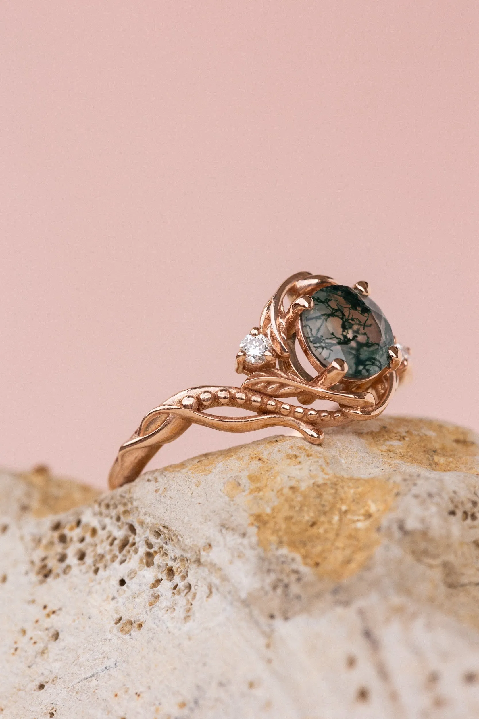 Rose gold engagement ring with moss agate and diamond accents / Undina