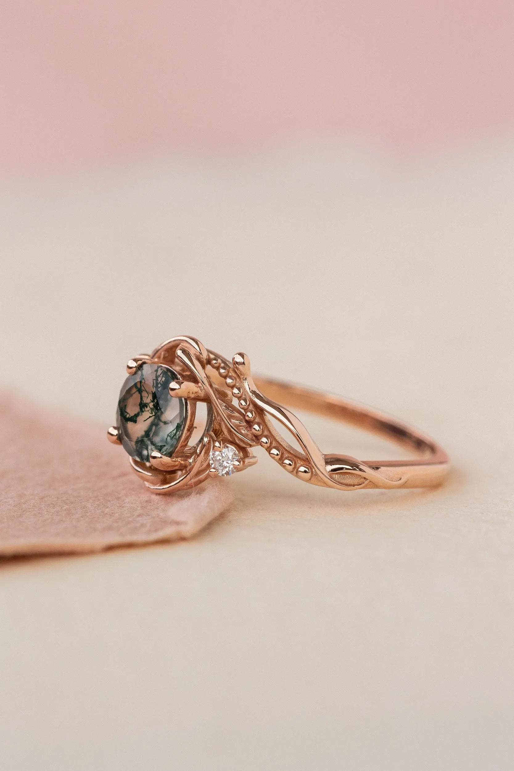 Rose gold engagement ring with moss agate and diamond accents / Undina