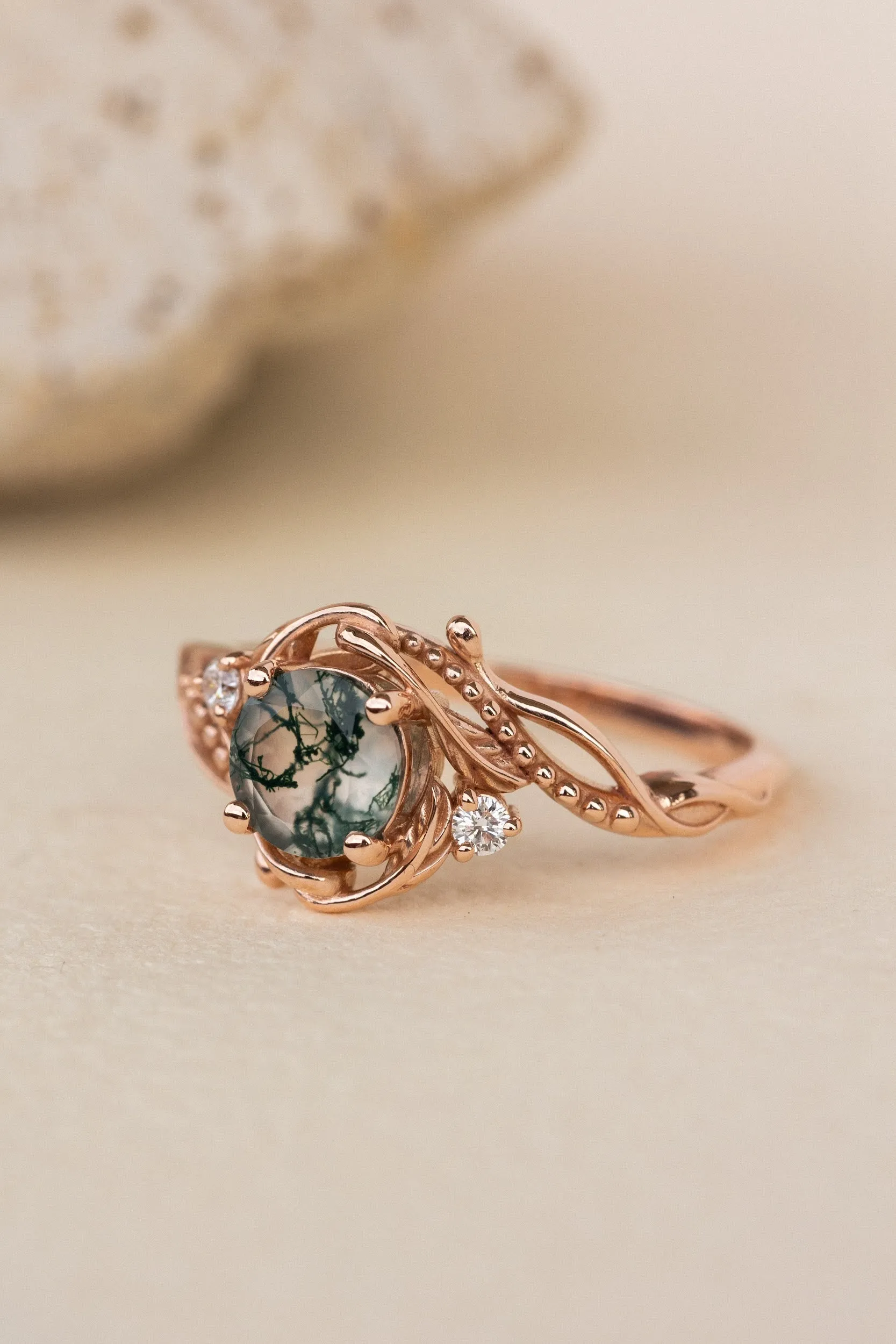 Rose gold engagement ring with moss agate and diamond accents / Undina