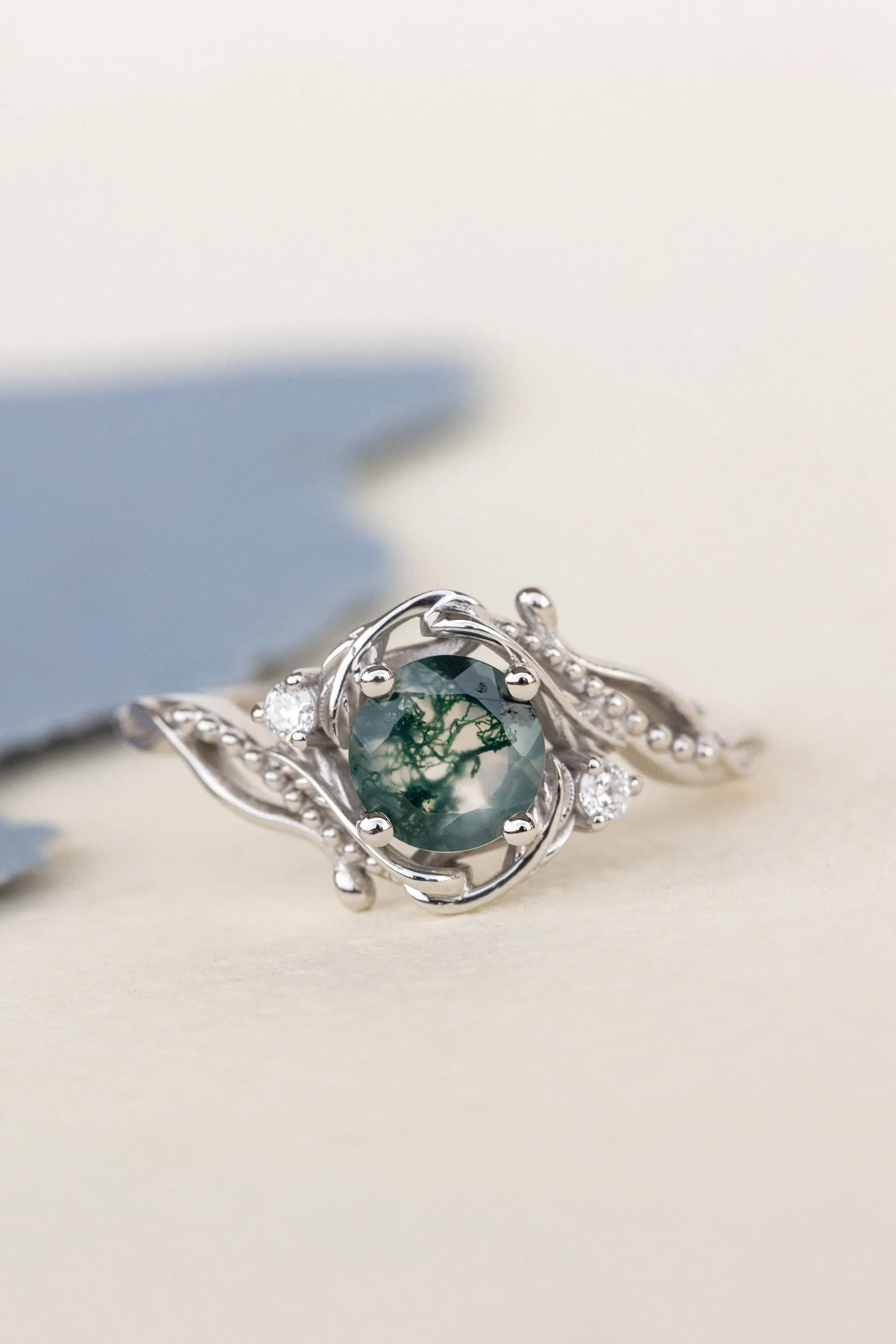 Rose gold engagement ring with moss agate and diamond accents / Undina