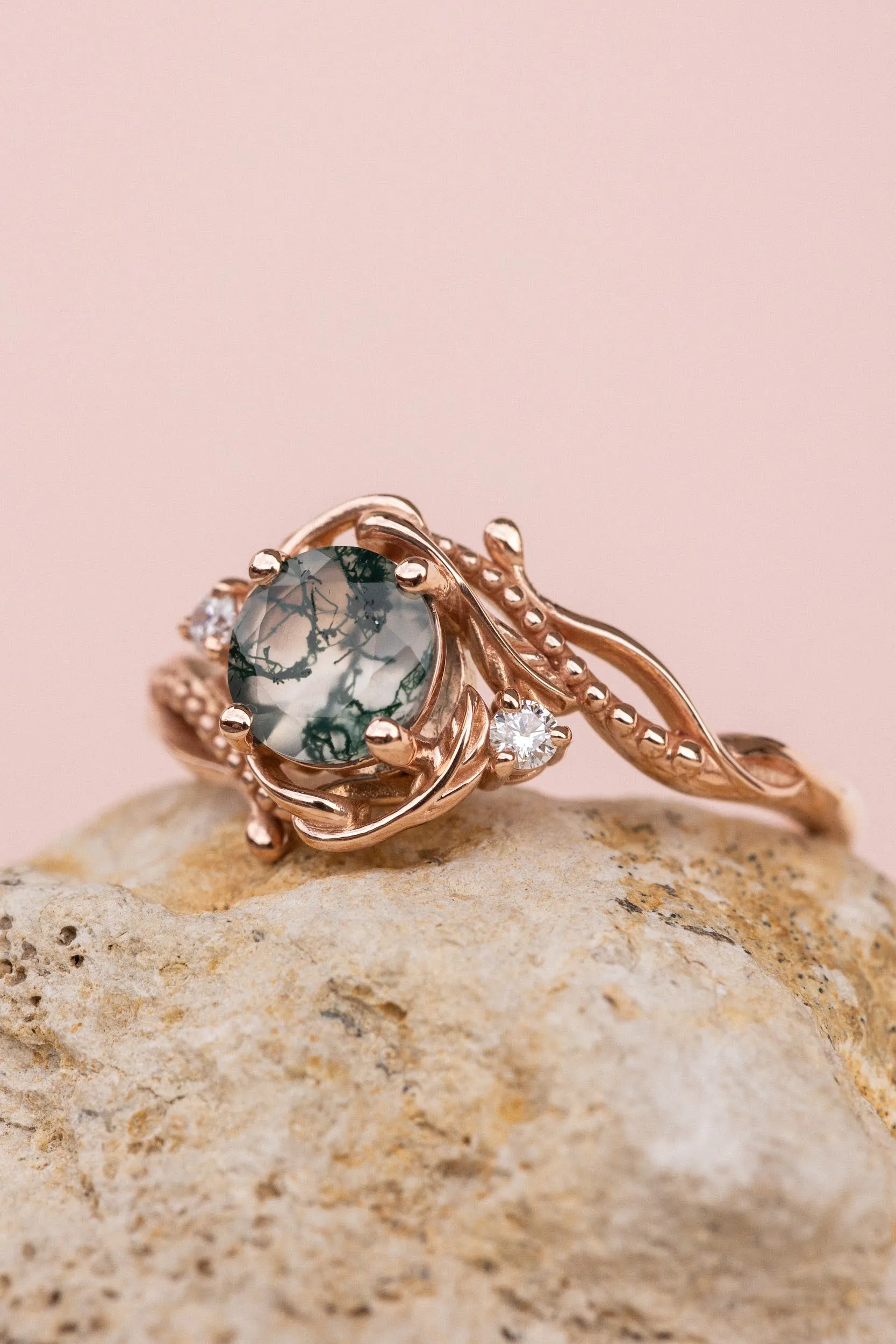 Rose gold engagement ring with moss agate and diamond accents / Undina