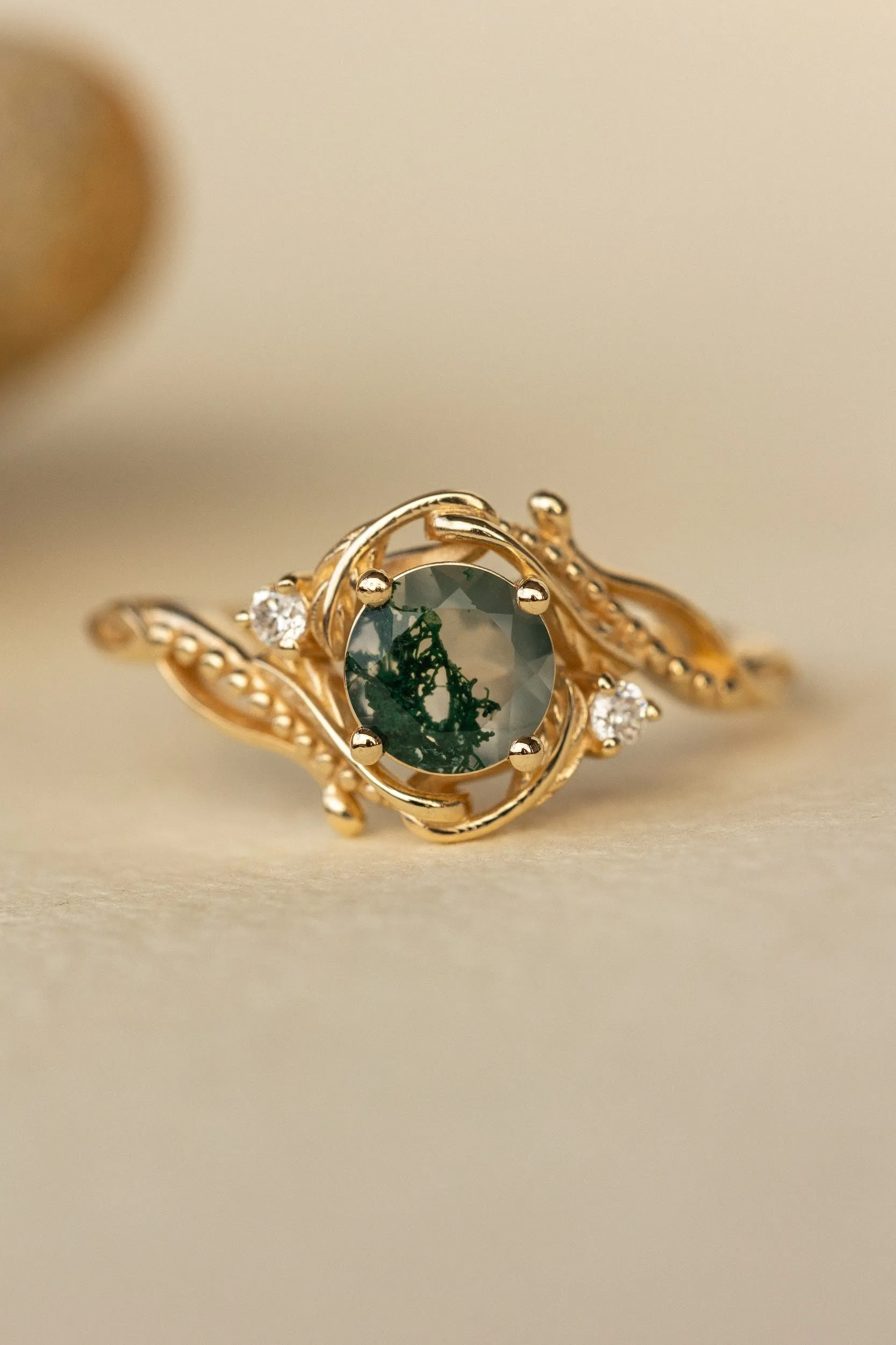 Rose gold engagement ring with moss agate and diamond accents / Undina