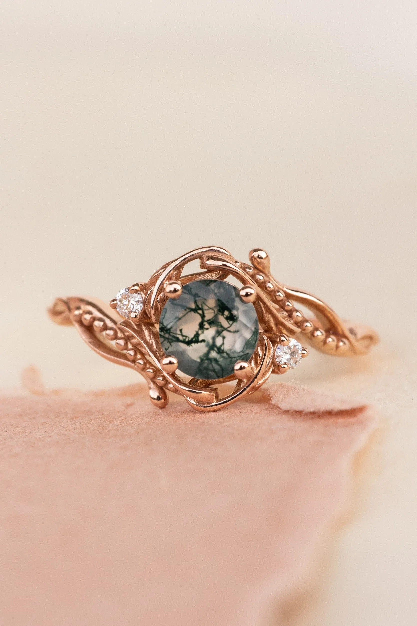 Rose gold engagement ring with moss agate and diamond accents / Undina