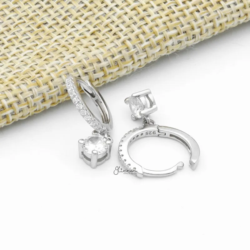 Round CZ Charm Huggie Hoop Earrings - Silver