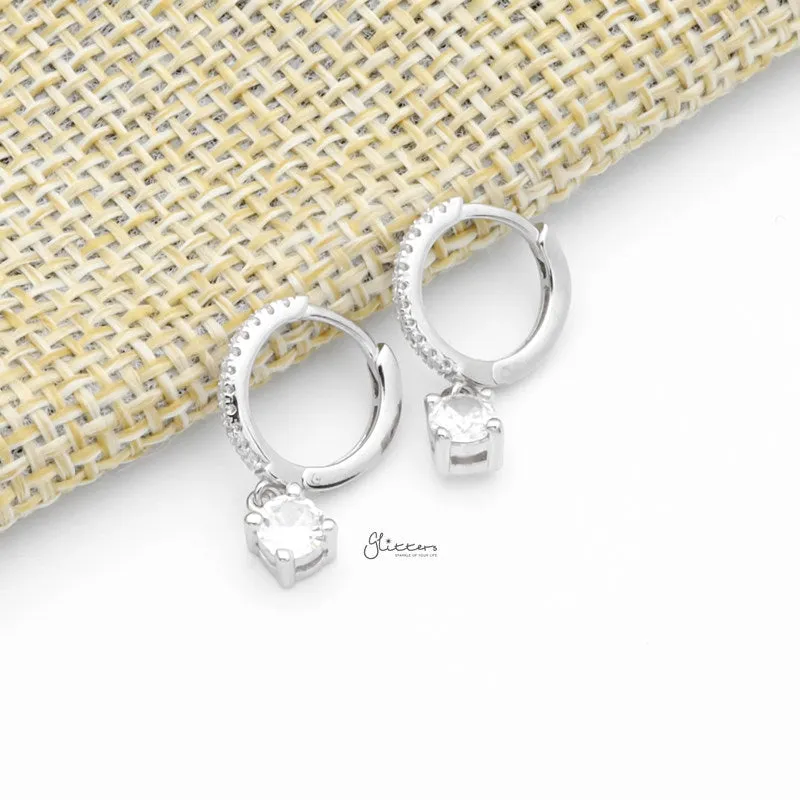 Round CZ Charm Huggie Hoop Earrings - Silver