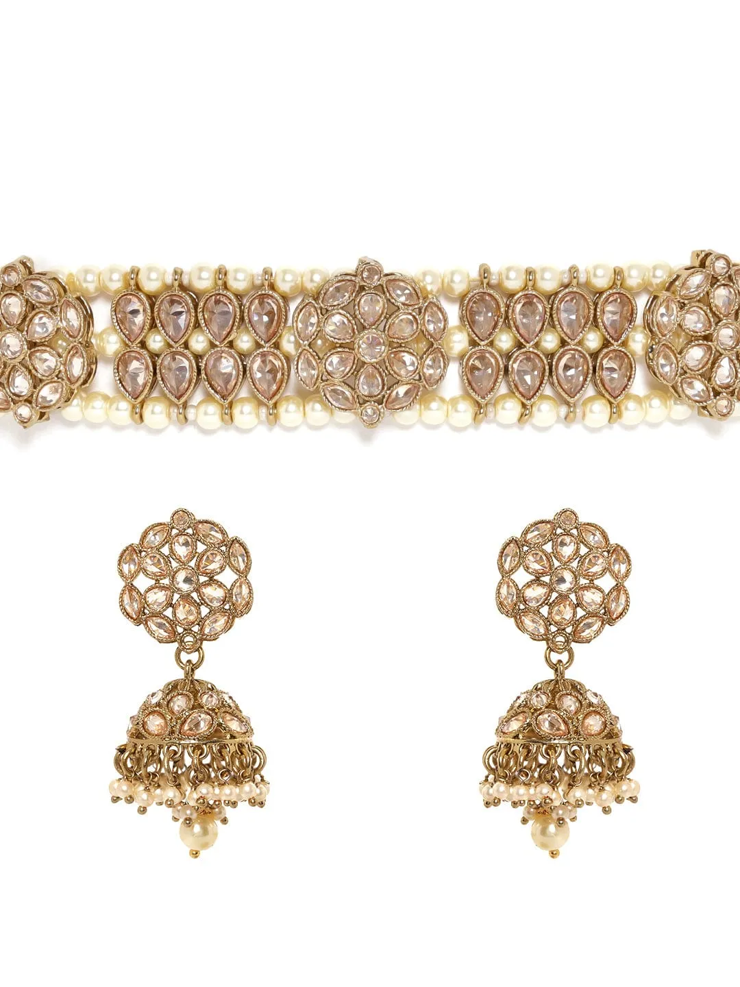 Rubans 22k Mehndi Gold Plated Dazzling Reverse AD Pearl Beaded Choker Set