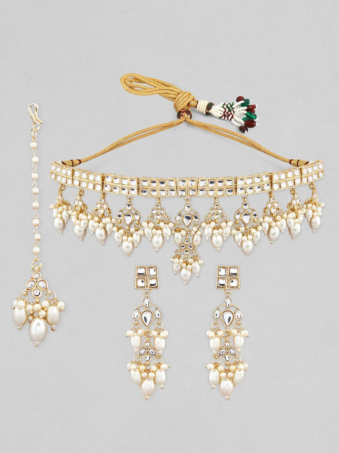 Rubans Gold Plated Kundan Choker Set Studded With Stones And Pearls.