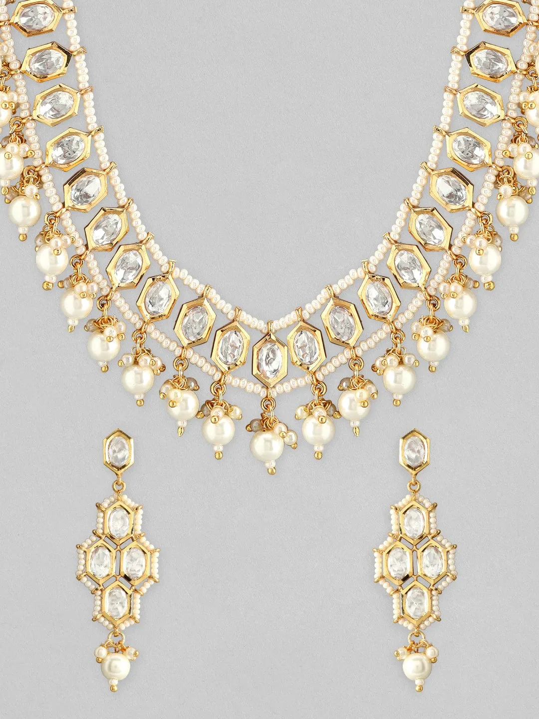 Rubans Gold Plated Kundan Necklace Set With White Beads And Pearls