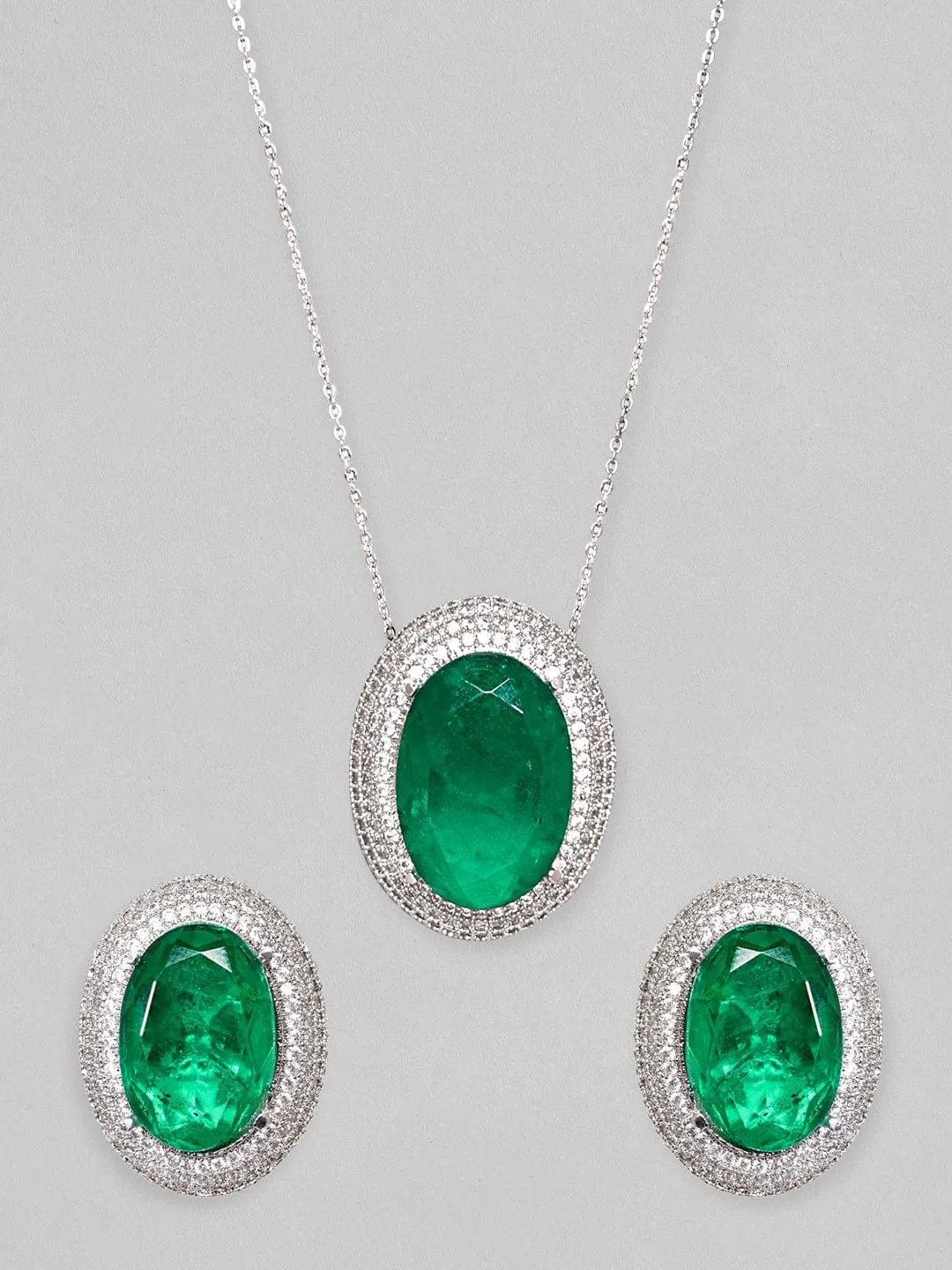 Rubans Rhodium Plated Zircons & Emerald Stone Studded Statement Pendant Set