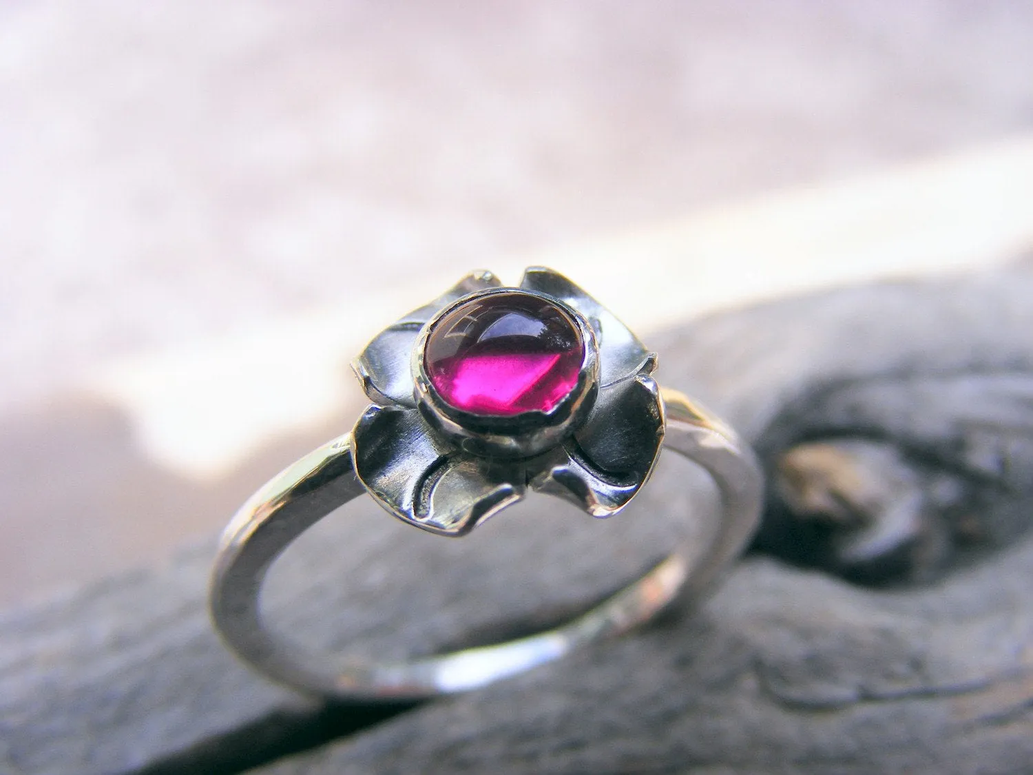 Ruby Sterling Silver Stacking Flower Blossom Ring - Birthstone Skinny Stackable Gemstone Ring - Made To Order Handcrafted By Helene's Dreams