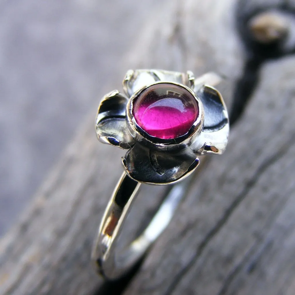 Ruby Sterling Silver Stacking Flower Blossom Ring - Birthstone Skinny Stackable Gemstone Ring - Made To Order Handcrafted By Helene's Dreams