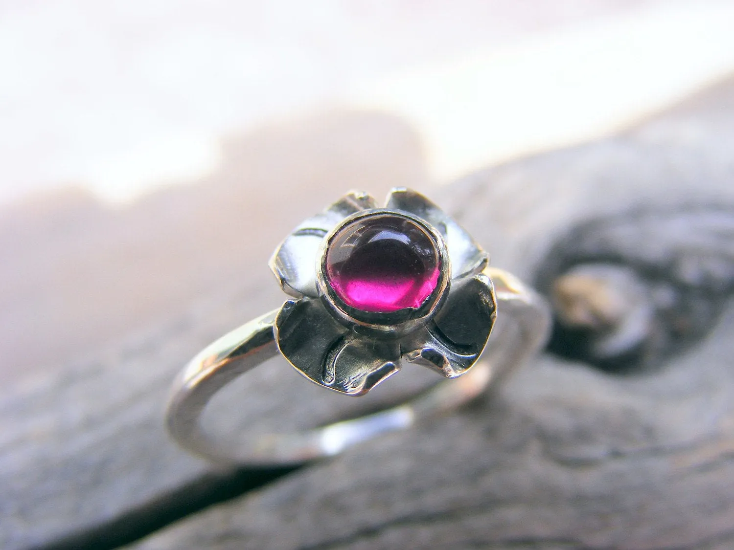 Ruby Sterling Silver Stacking Flower Blossom Ring - Birthstone Skinny Stackable Gemstone Ring - Made To Order Handcrafted By Helene's Dreams