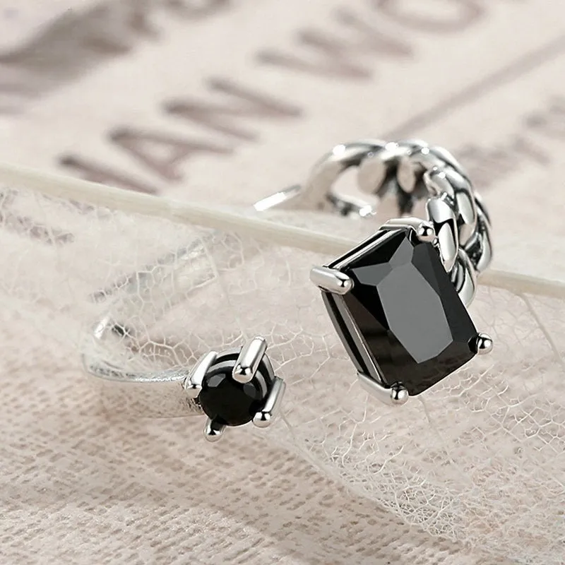 S925 Sterling Silver Black Square Diamond Toi et Moi Ring