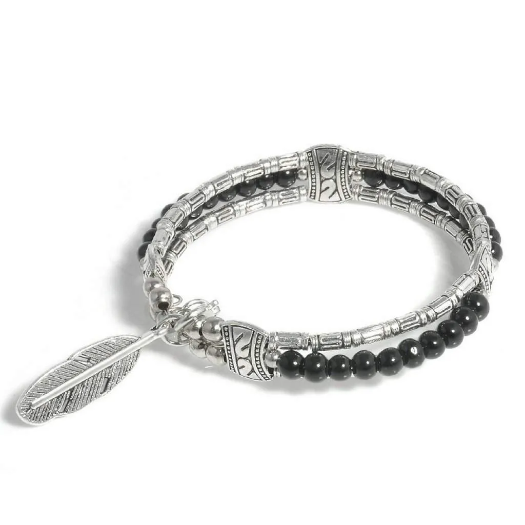 Silver Tibetan Feather and Black Beaded Bangle Bracelet