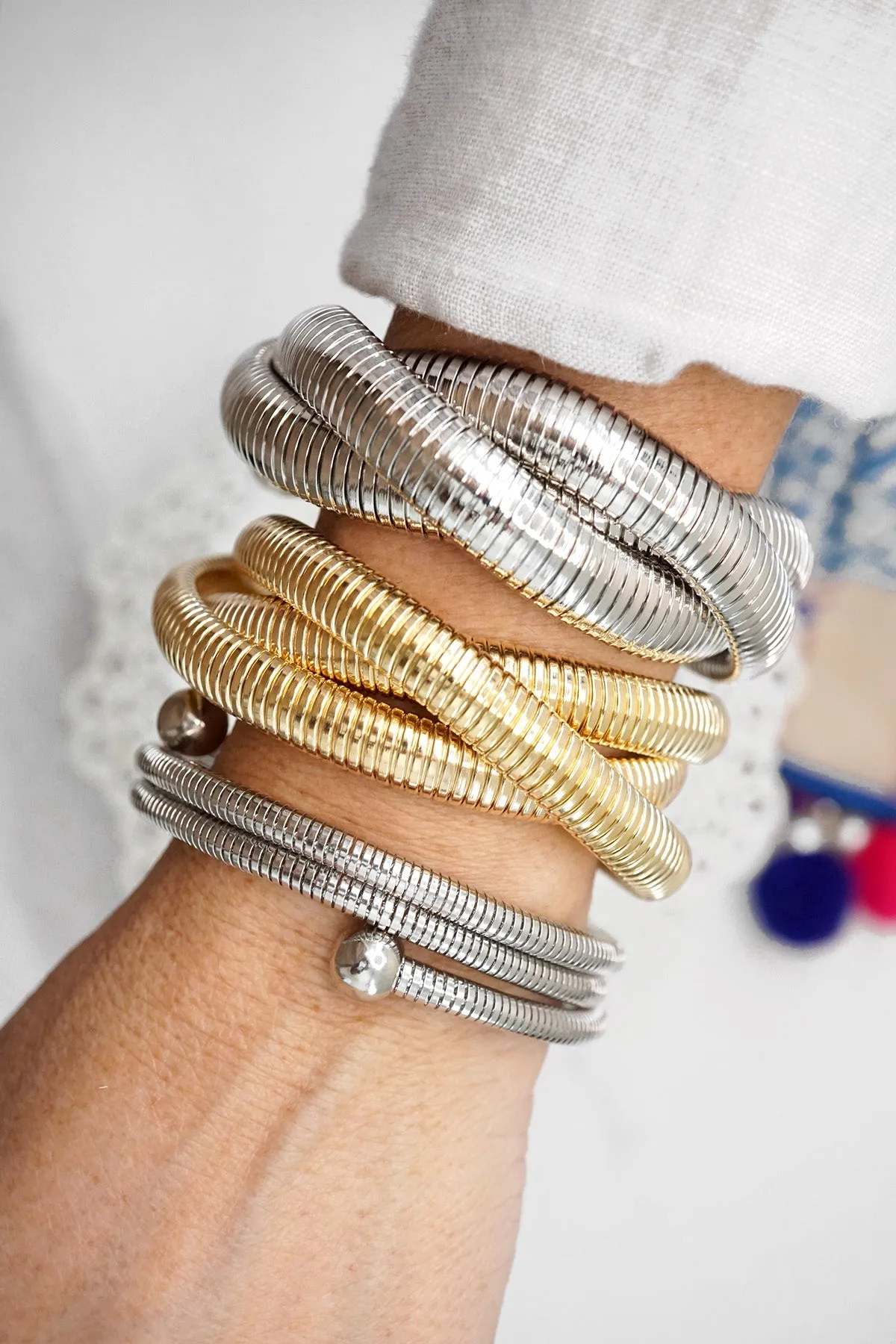 Silver tone multi layer flexy coil bracelet bangle Snake chain