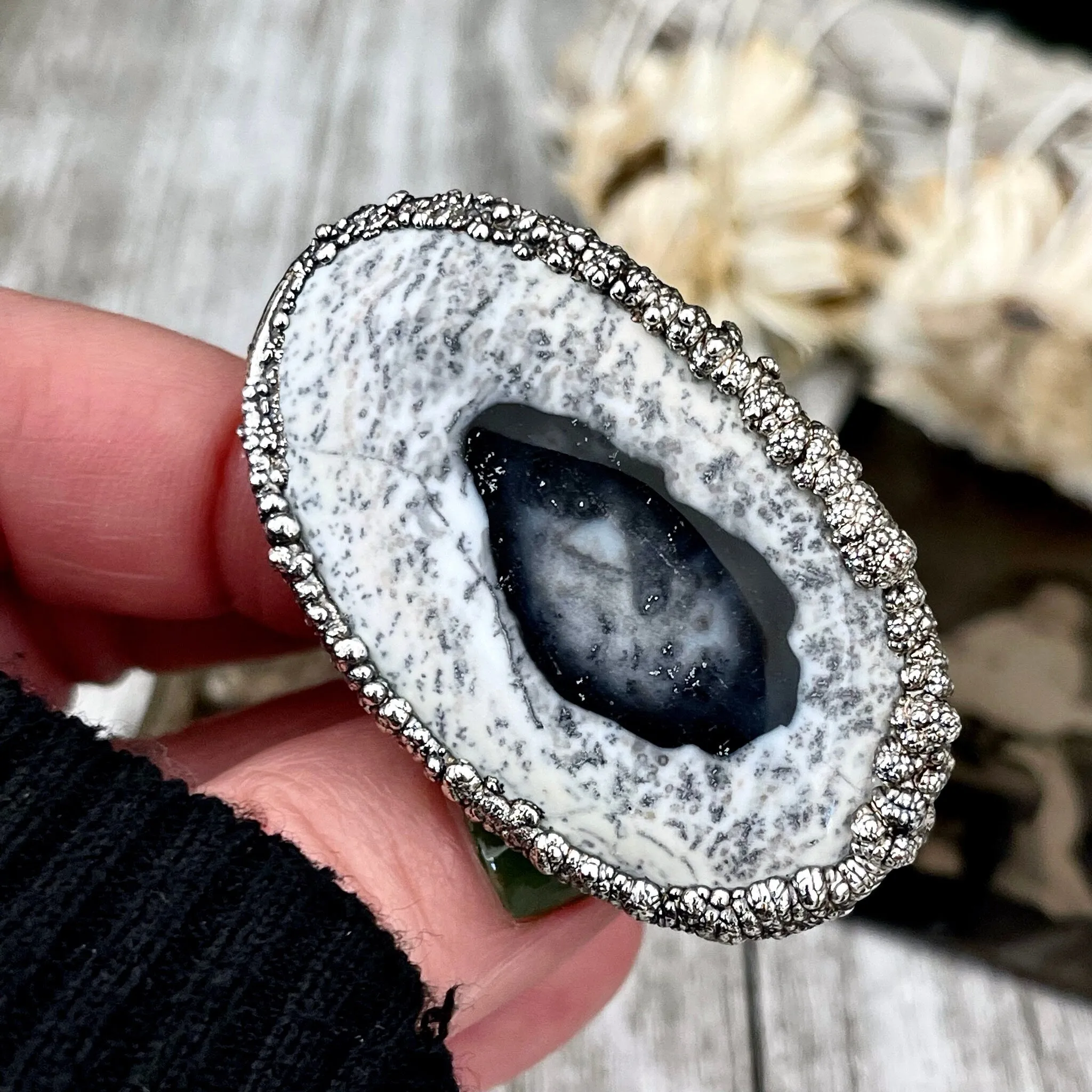 Size 7 Dendritic Agate Large Crystal Ring in Fine Silver /  Foxlark Collection - One of a Kind