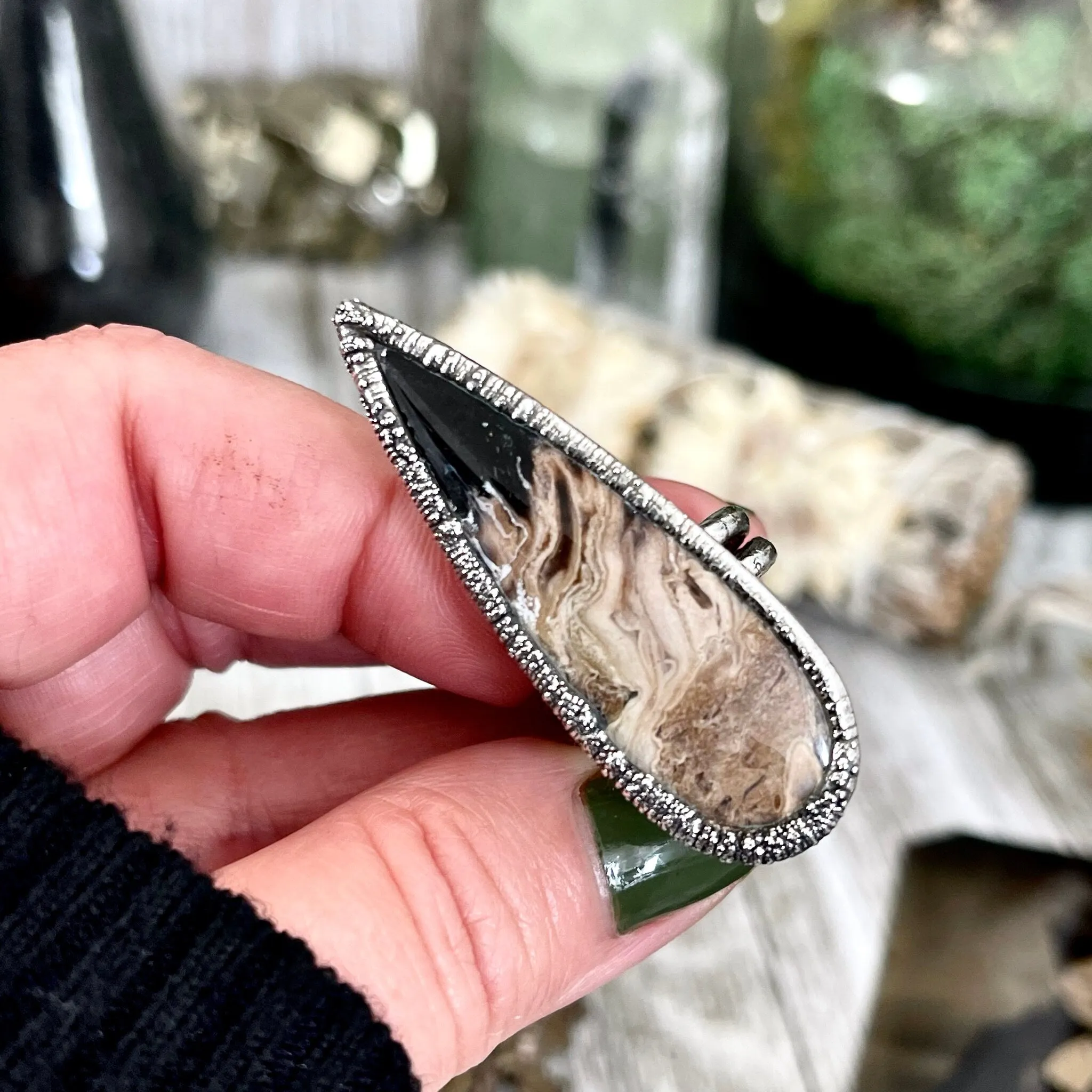 Size 7 Large Fossilized Palm Root Statement Ring in Fine Silver - Black Stone Ring / Foxlark Collection - One of a Kind