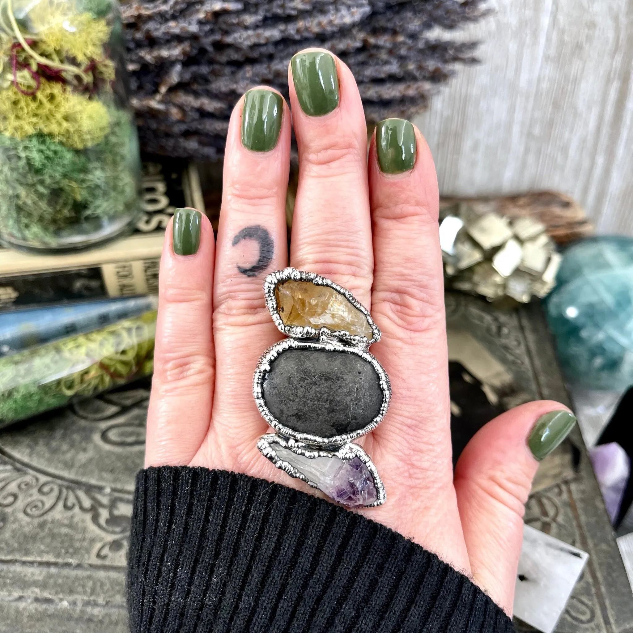 Size 9.5 Three Stone Ring- Citrine Amethyst River Rock Crystal Ring Fine Silver / Foxlark Collection - One of a Kind