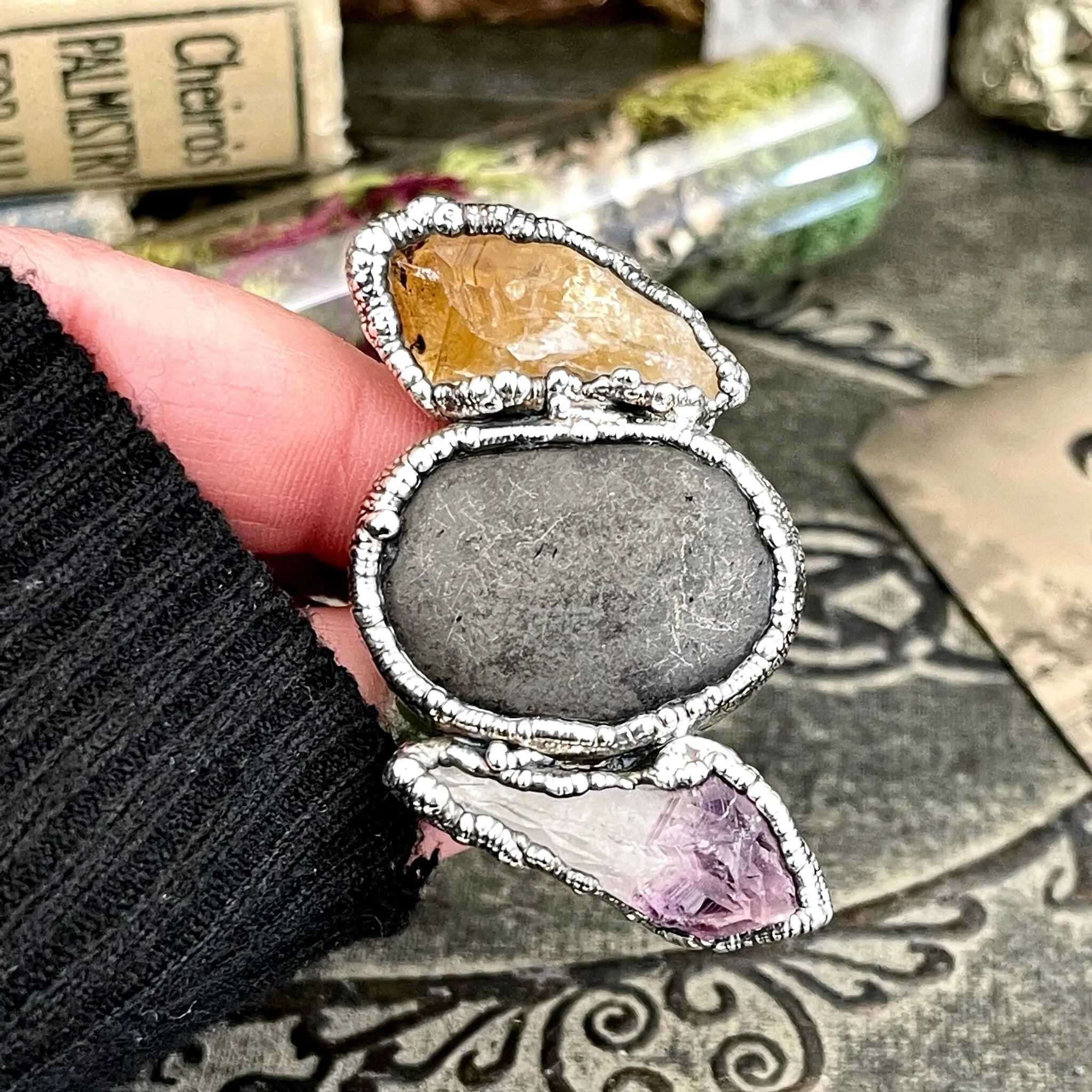 Size 9.5 Three Stone Ring- Citrine Amethyst River Rock Crystal Ring Fine Silver / Foxlark Collection - One of a Kind