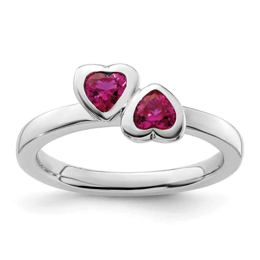 Stackable Expressions Created Ruby Double Heart Ring in Sterling Silver