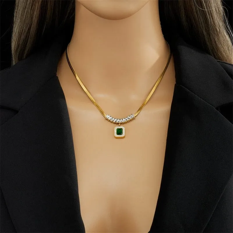 Stainless Steel Gold PlatedEmerald Pendant Jewelry Set