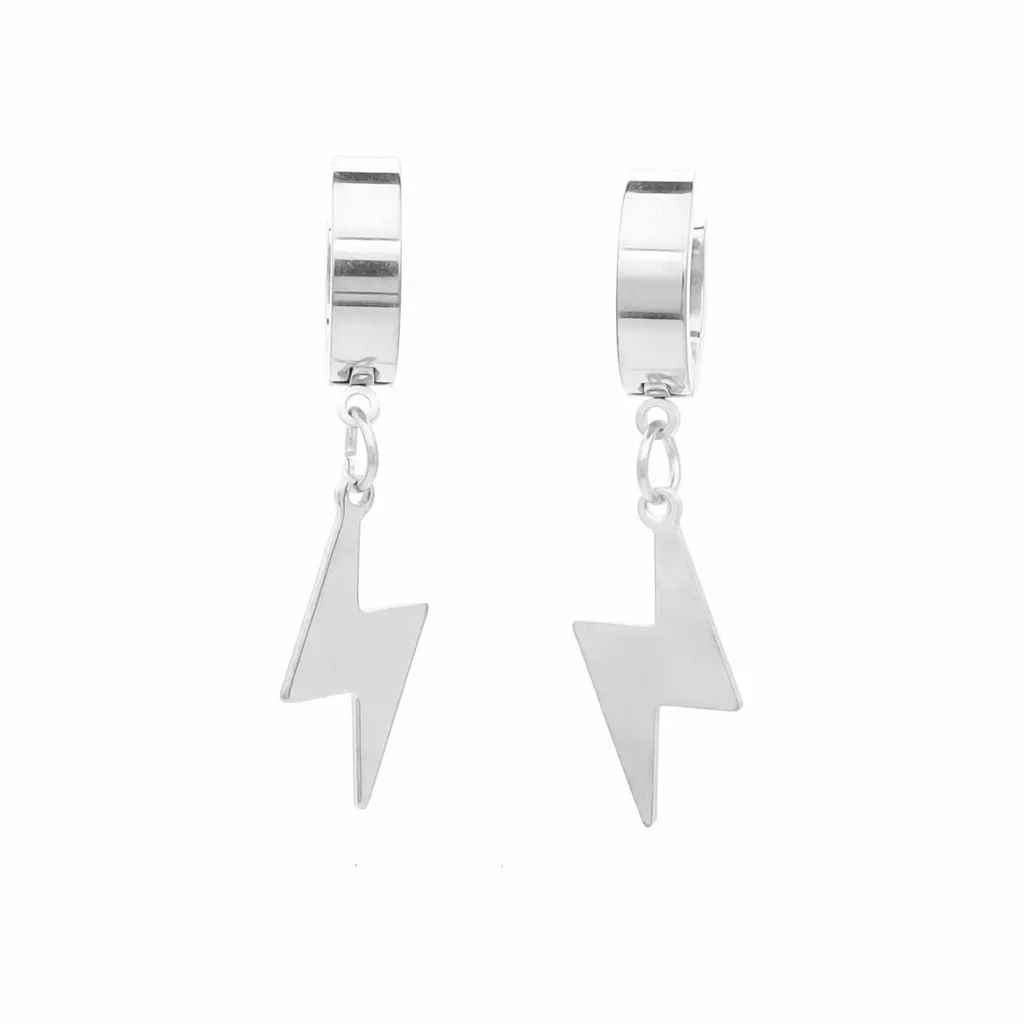 Stainless Steel Lightning Bolt Huggie Hoop Earrings - Silver