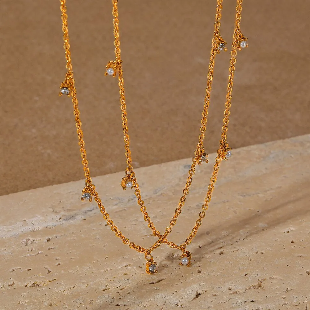 Stainless Steel Zircon Pearl Chain Necklaces