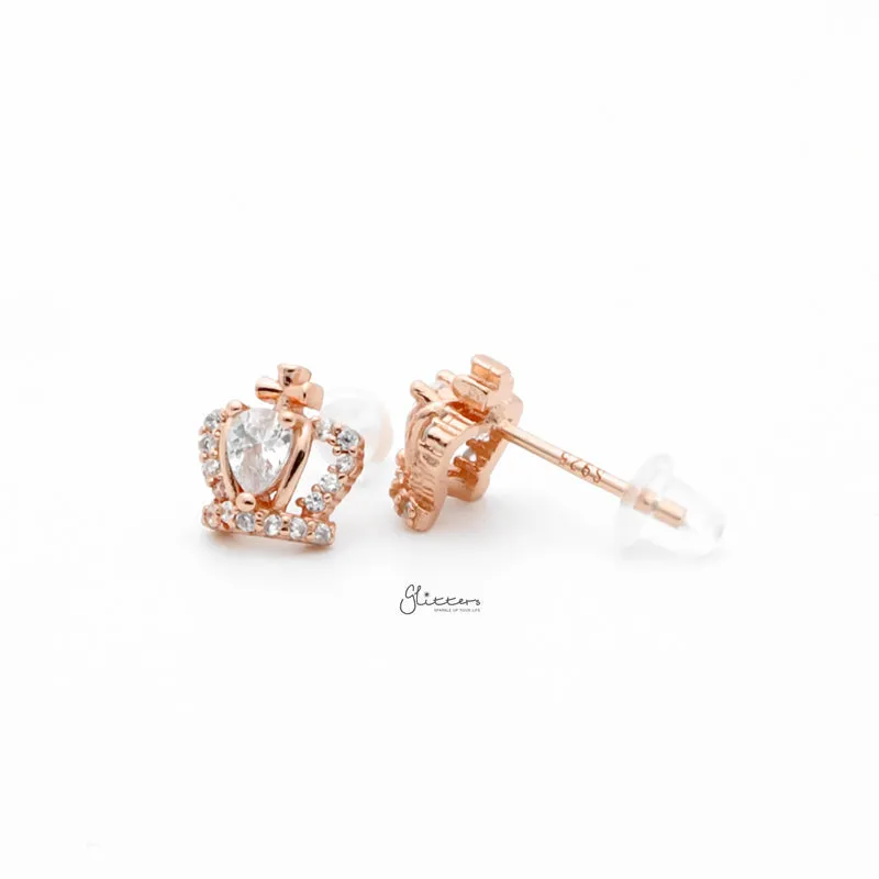 Sterling Silver Crown Stud Earrings - Rose Gold