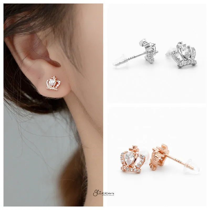 Sterling Silver Crown Stud Earrings - Rose Gold