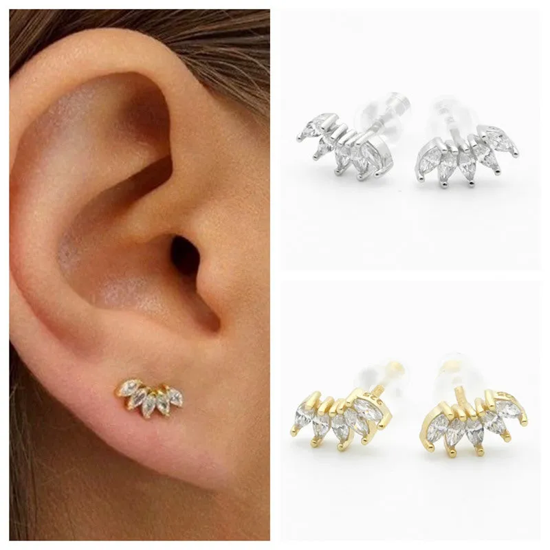 Sterling Silver Five Marquise CZ Stud Earrings - Silver