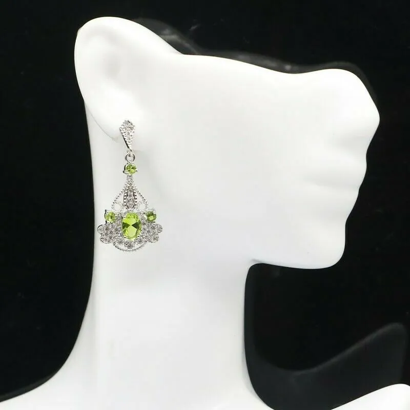 Sterling Silver Green Peridot Drop Wedding Earrings