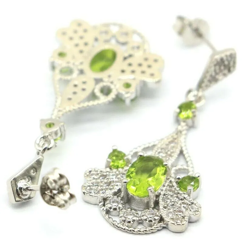 Sterling Silver Green Peridot Drop Wedding Earrings