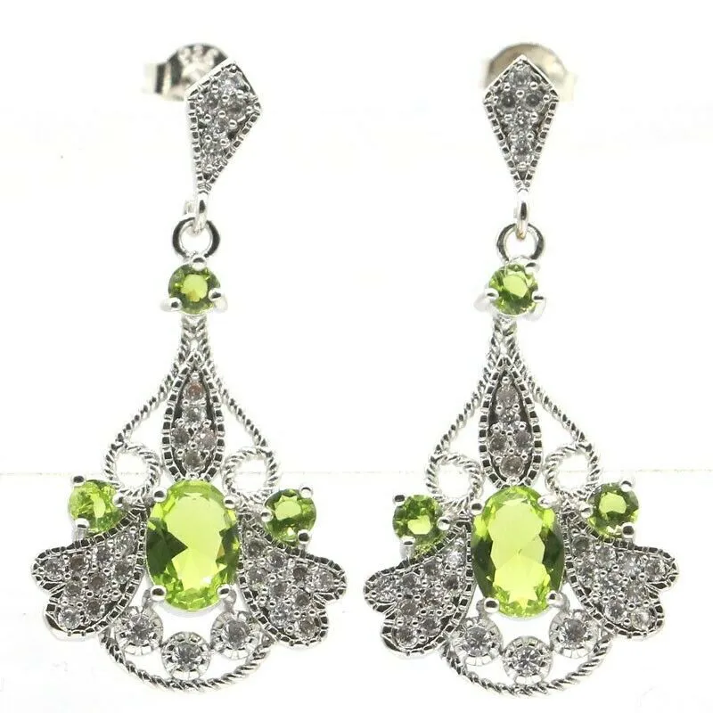 Sterling Silver Green Peridot Drop Wedding Earrings