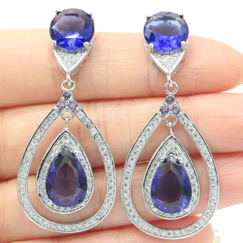 Sterling Silver Long Purple Spinel Wedding Earrings