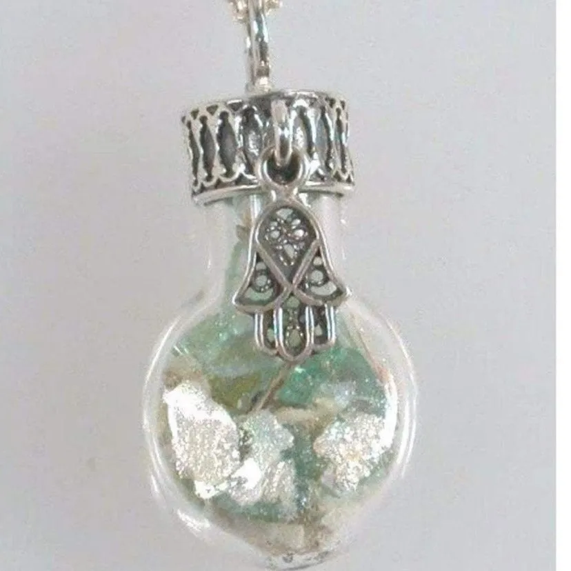 Sterling Silver Roman Glass in a Bottle Necklace with Charms Necklaces 925 Israeli Jewelry