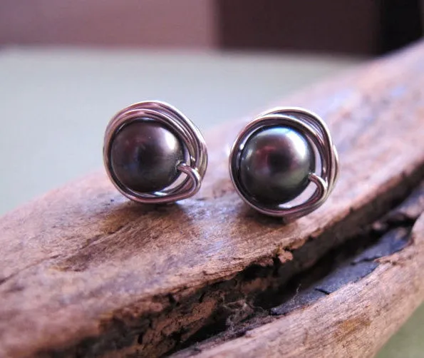 Sterling Silver Wrapped Pearl Stud Earrings