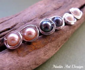 Sterling Silver Wrapped Pearl Stud Earrings