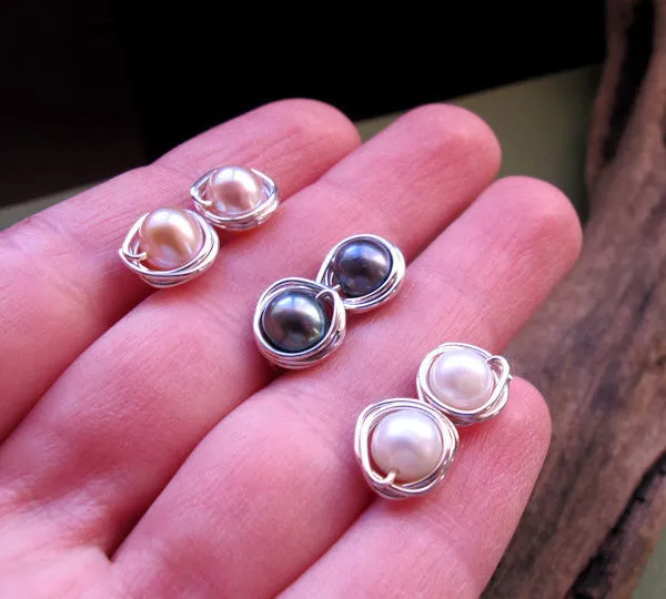 Sterling Silver Wrapped Pearl Stud Earrings