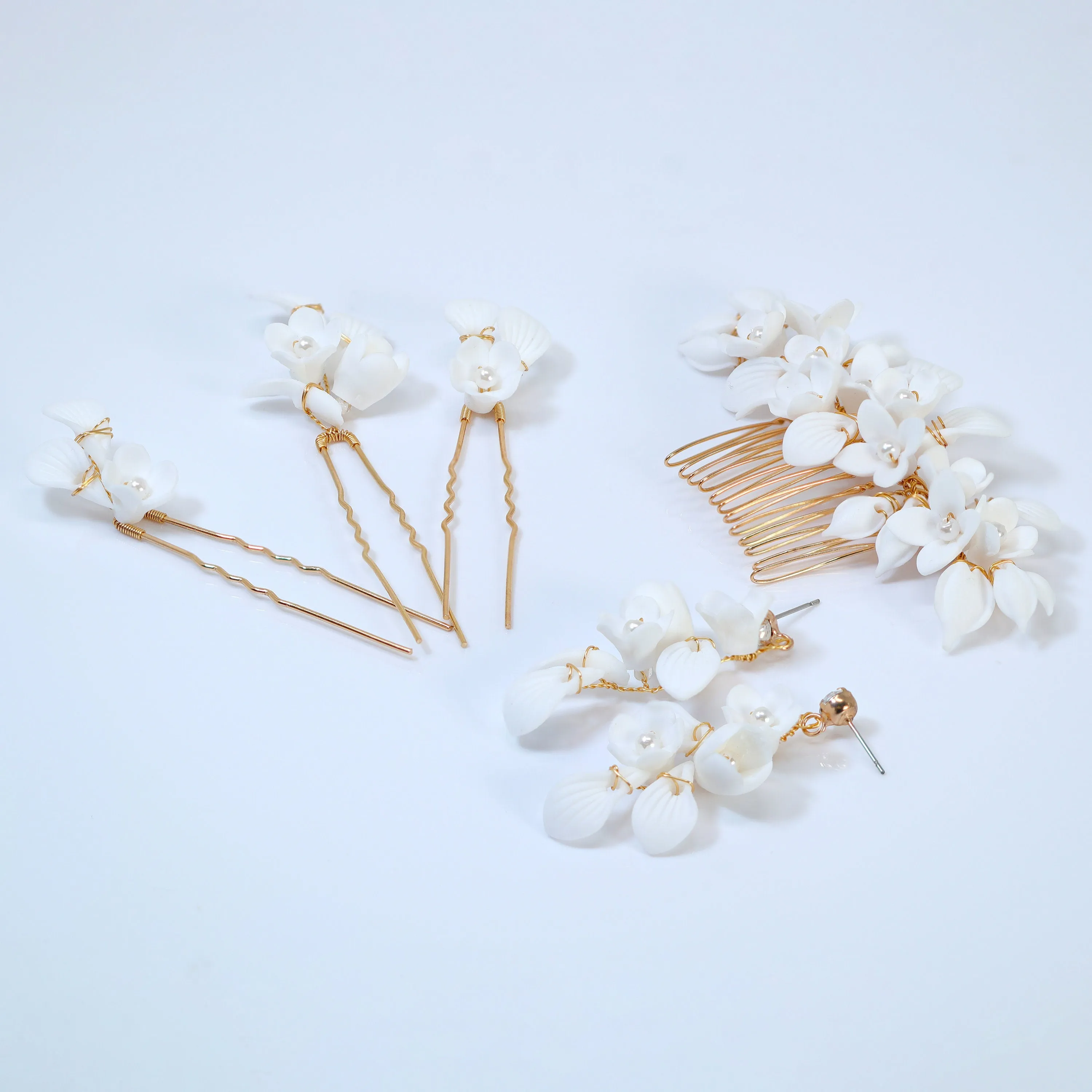 Swarovski Crystal Porcelain White Floral Pearl Elegance Ensemble Hair Pins Set of 3 , Ceramic Hair pins Set, Bridal Hair Accessories