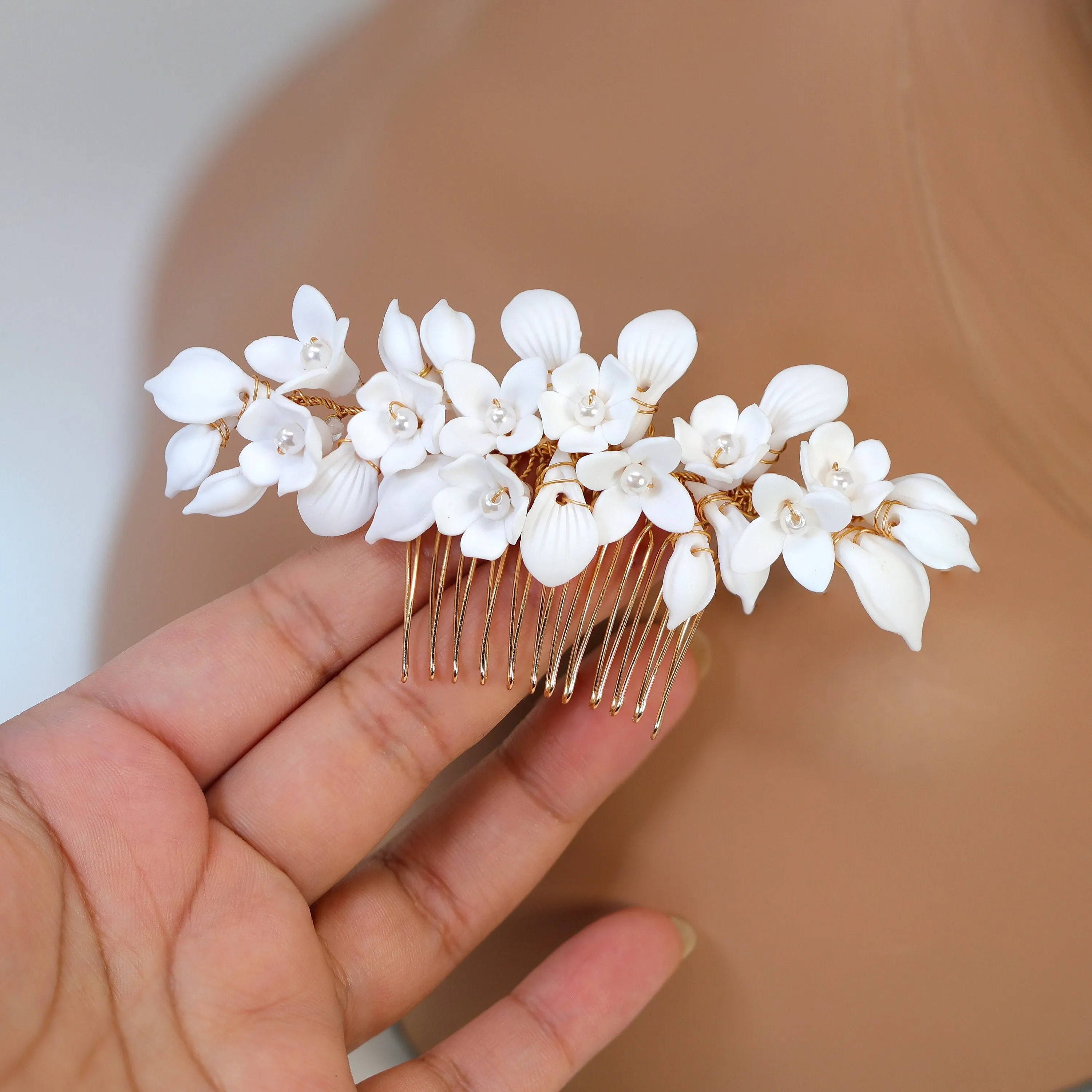 Swarovski Crystal Porcelain White Floral Pearl Elegance Ensemble Hair Pins Set of 3 , Ceramic Hair pins Set, Bridal Hair Accessories