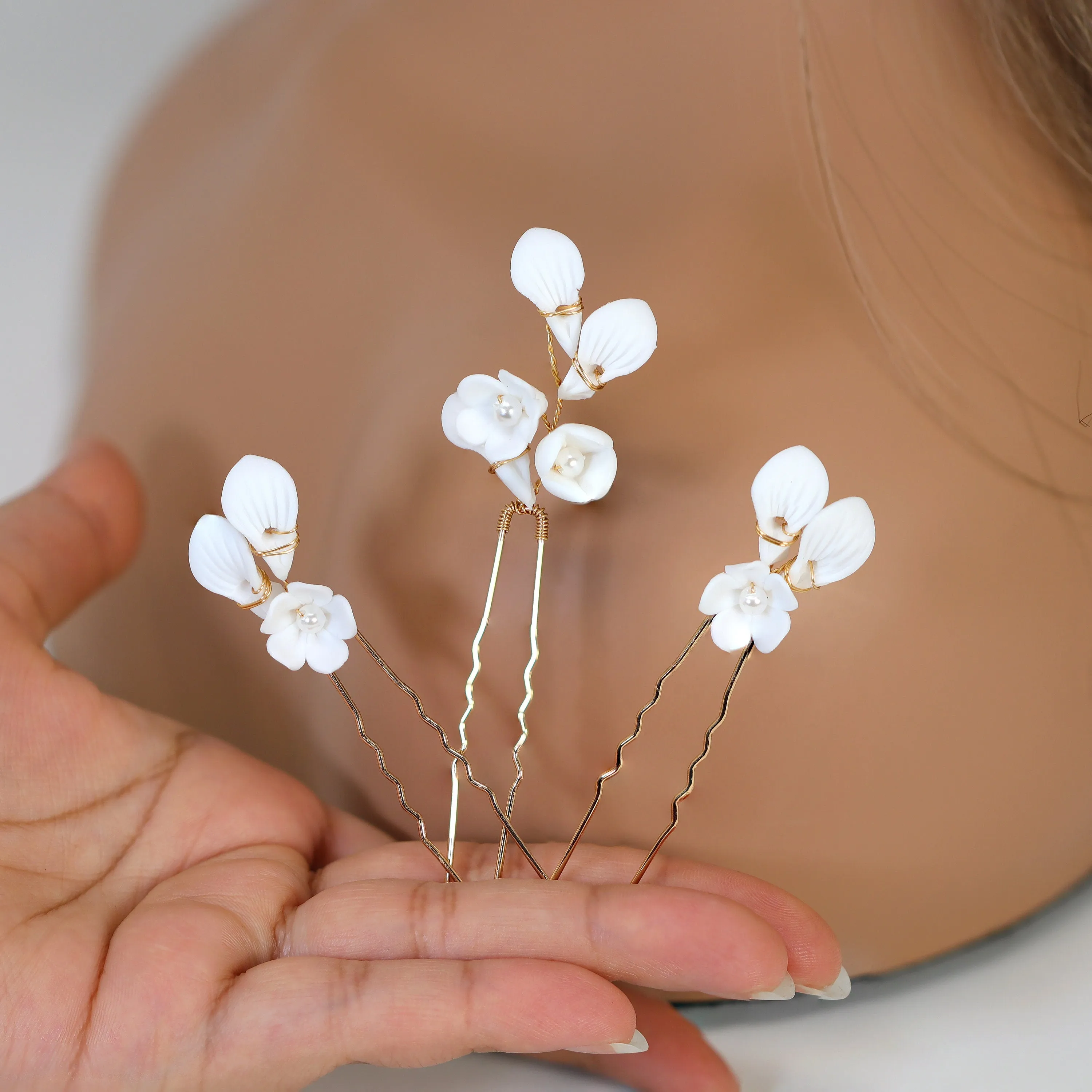 Swarovski Crystal Porcelain White Floral Pearl Elegance Ensemble Hair Pins Set of 3 , Ceramic Hair pins Set, Bridal Hair Accessories