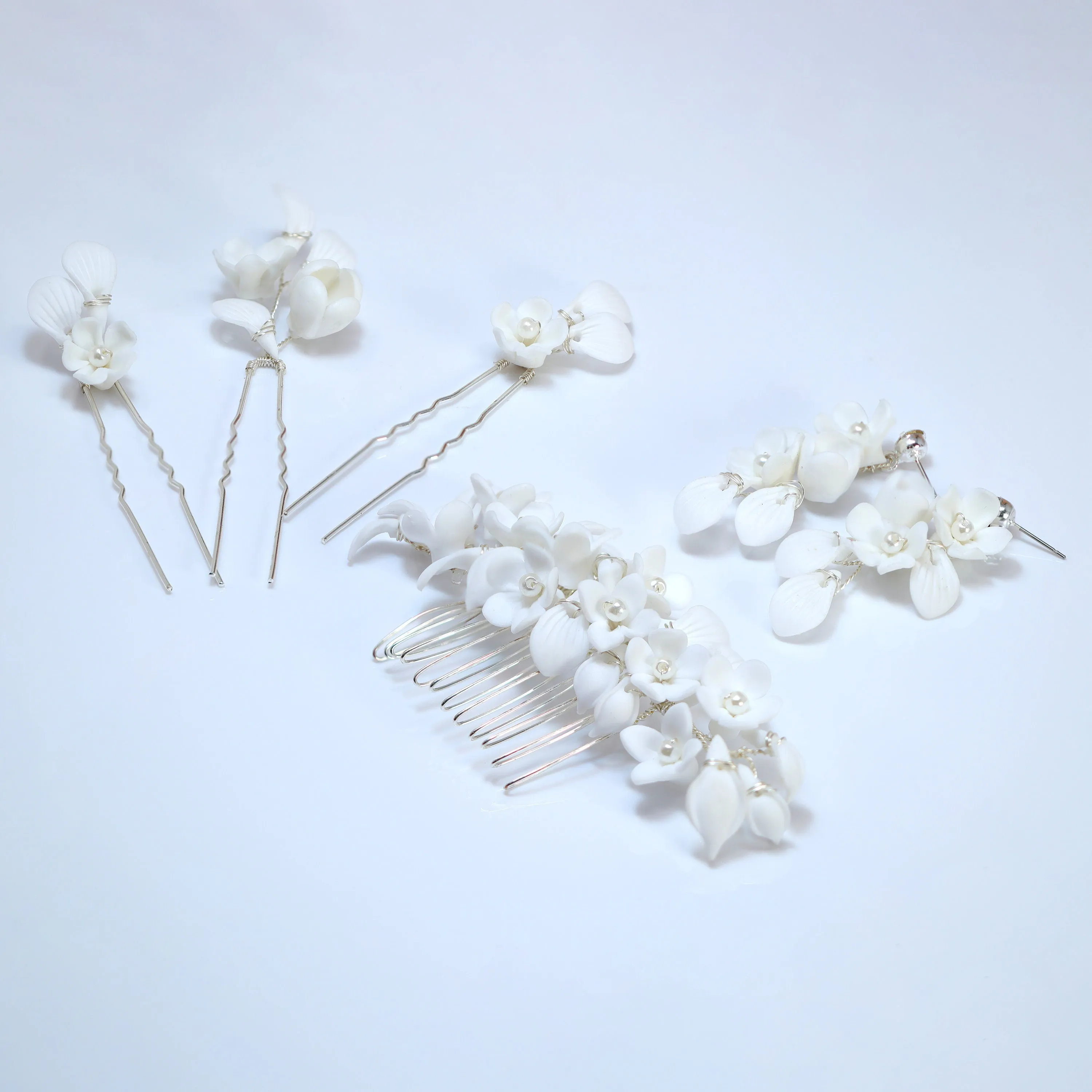 Swarovski Crystal Porcelain White Floral Pearl Elegance Ensemble Hair Pins Set of 3 , Ceramic Hair pins Set, Bridal Hair Accessories