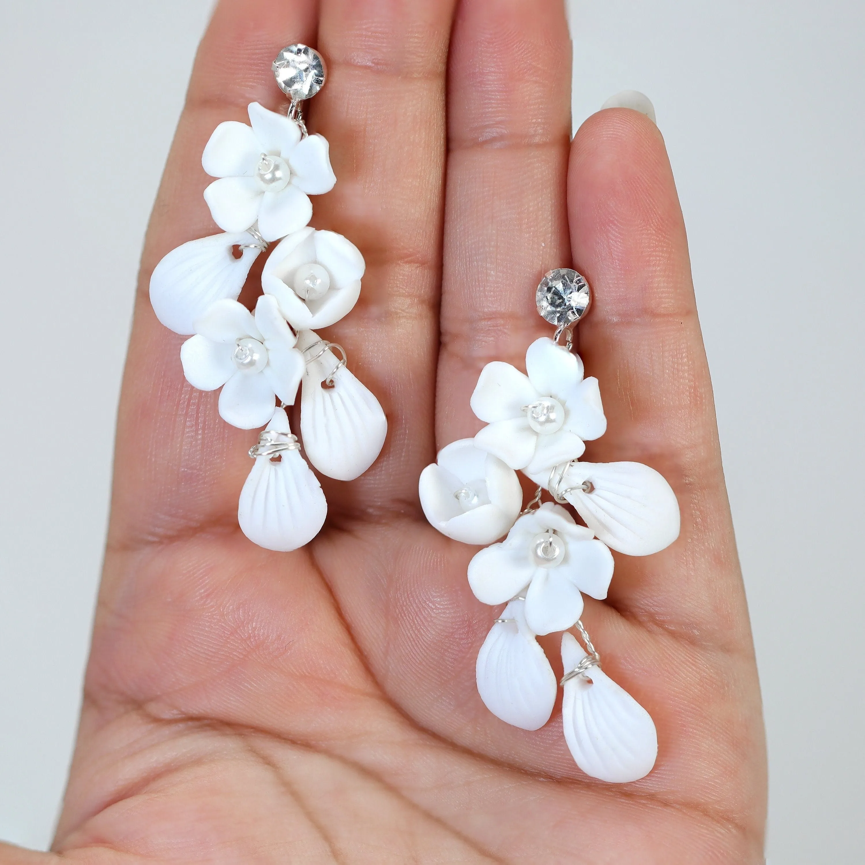 Swarovski Crystal Porcelain White Floral Pearl Elegance Ensemble Hair Pins Set of 3 , Ceramic Hair pins Set, Bridal Hair Accessories